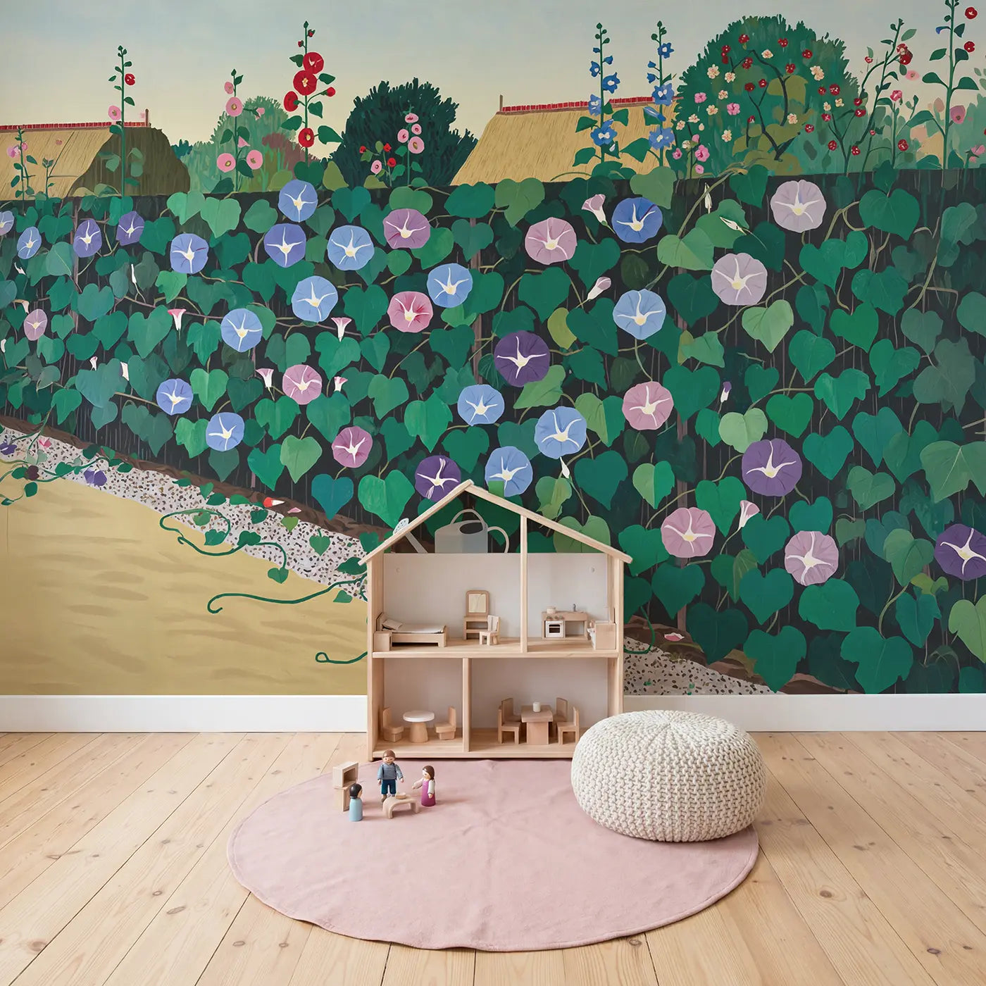 Morning Glory Fence Garden Wallpaper Mural in playroom setting by Whimsy Tots