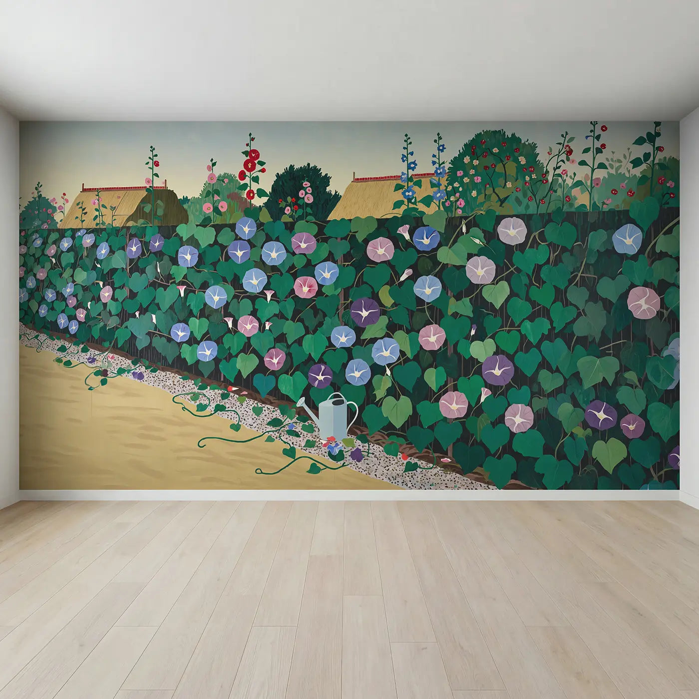 Full view of Morning Glory Fence Garden Wallpaper Mural by Whimsy Tots