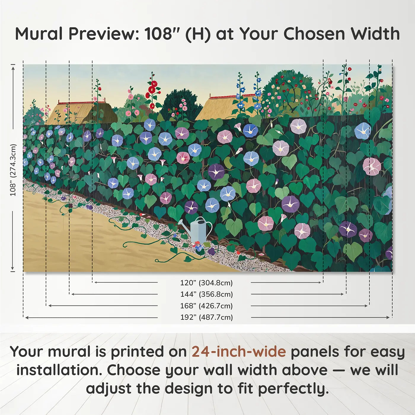 Panel layout and dimensions for Morning Glory Fence Garden Wallpaper Mural by Whimsy Tots