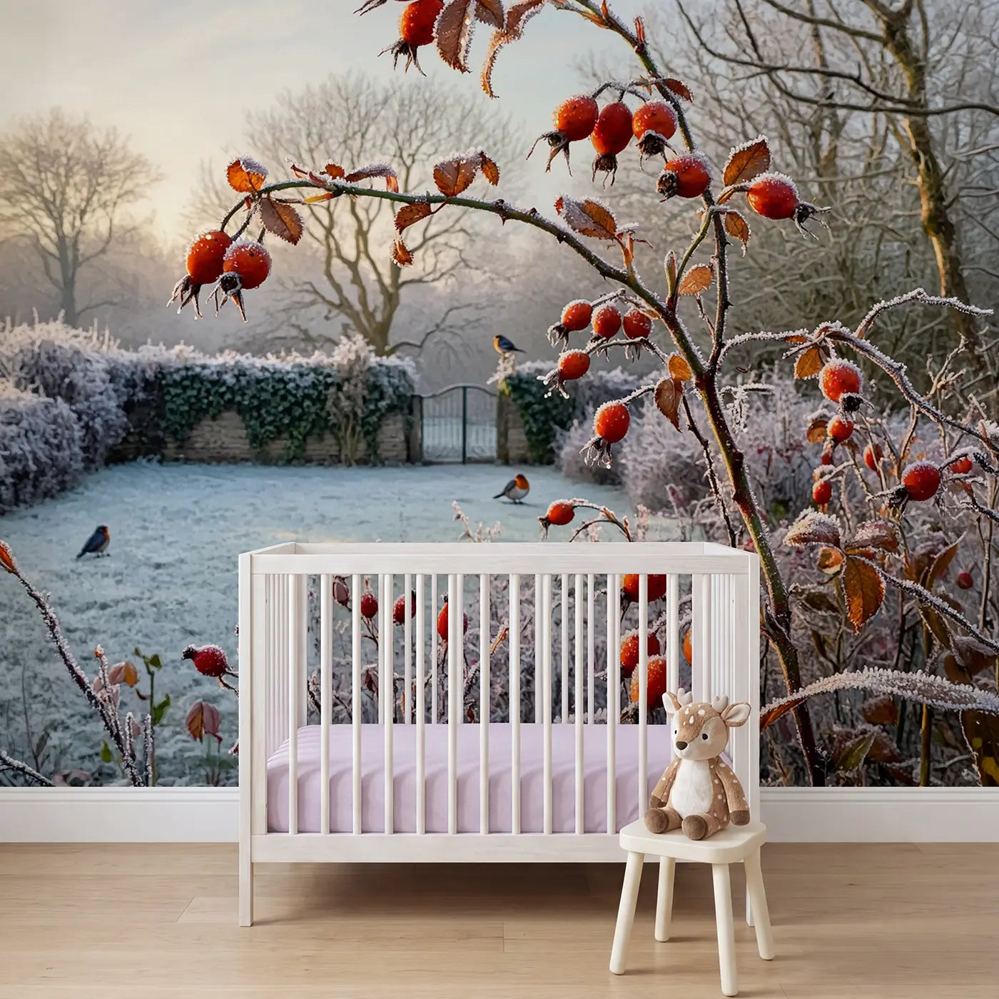 Soft pastel frosted rose hip branch wallpaper mural for nursery by Whimsy Tots