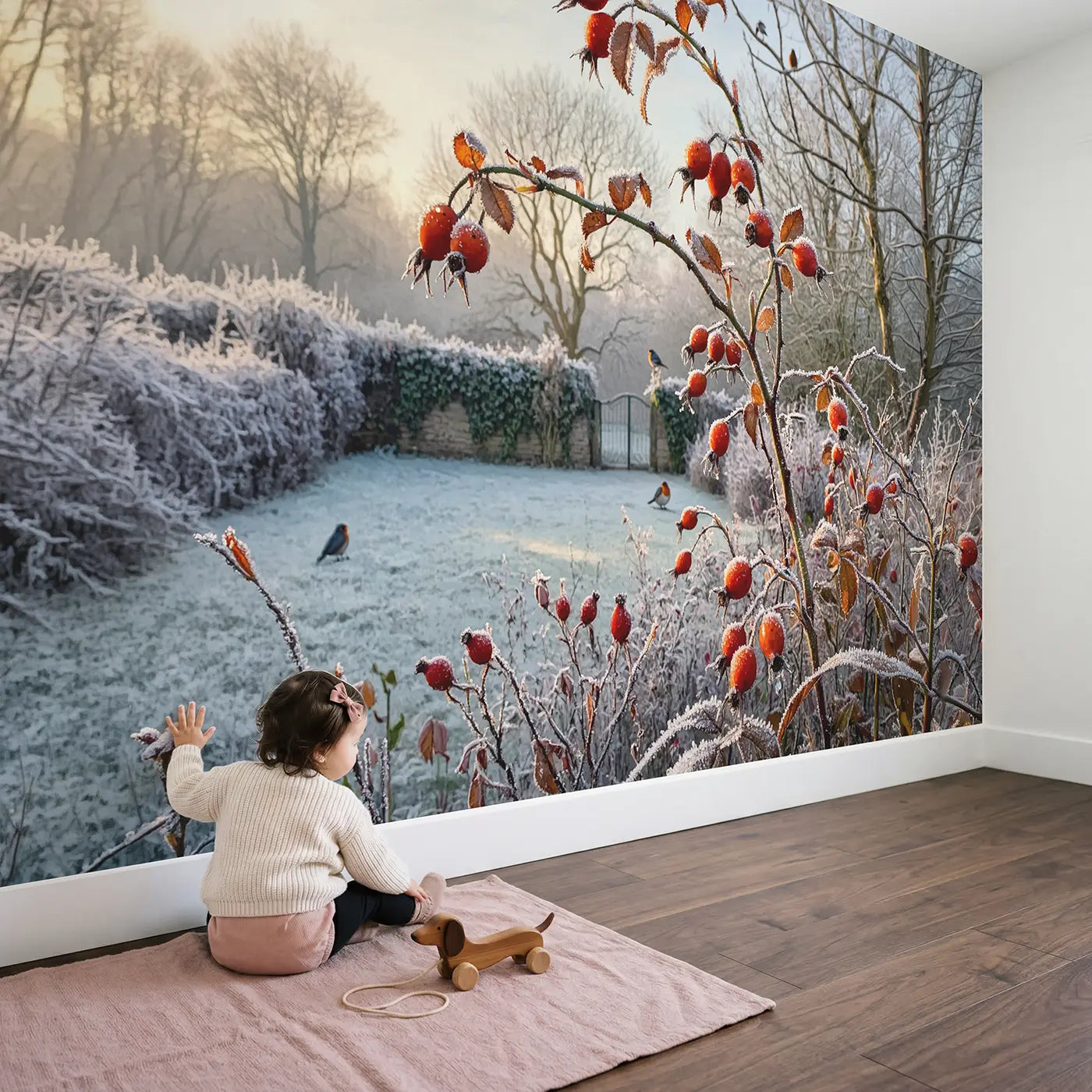 Child in nursery with Frosted Rose Hip Branch Wallpaper Mural by Whimsy Tots