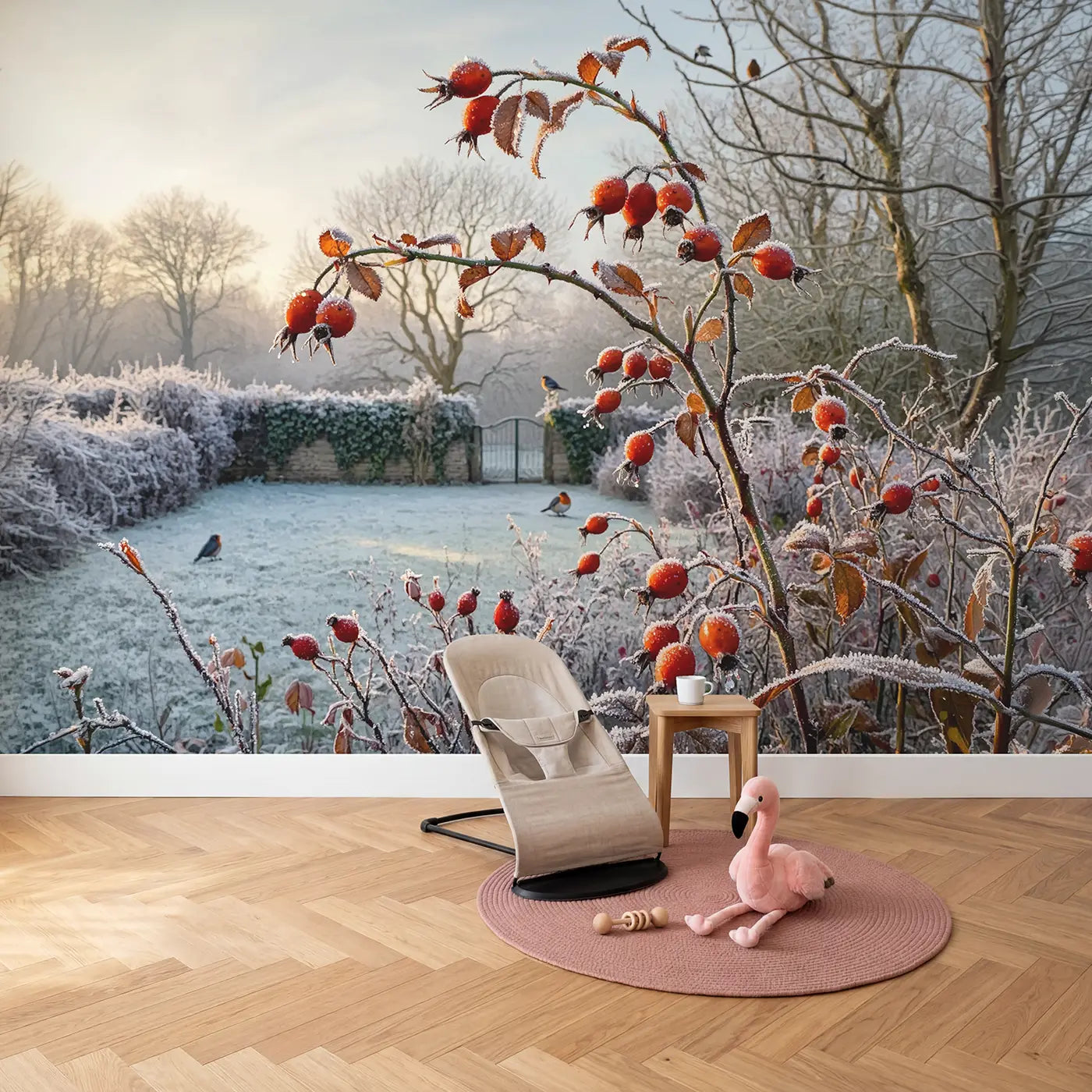 Frosted Rose Hip Branch Wallpaper Mural in playroom setting by Whimsy Tots