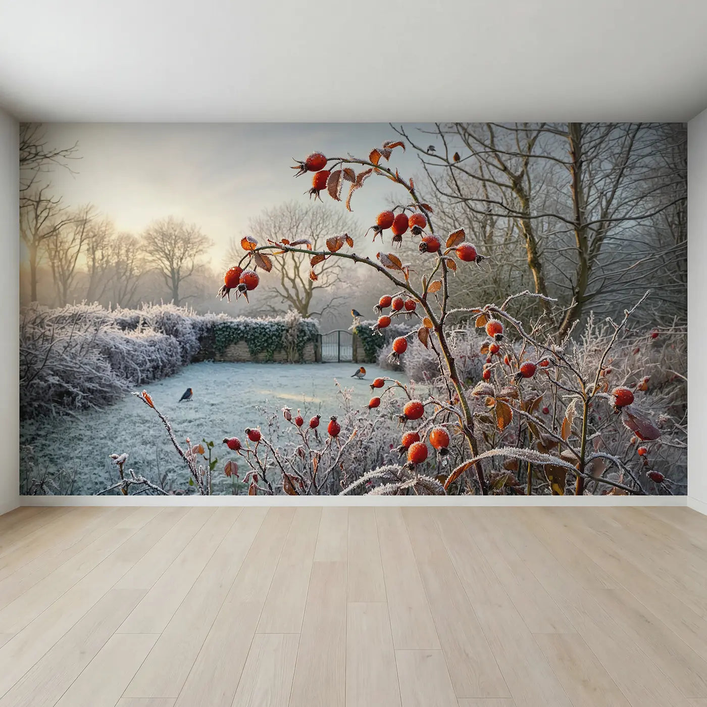 Full view of Frosted Rose Hip Branch Wallpaper Mural by Whimsy Tots