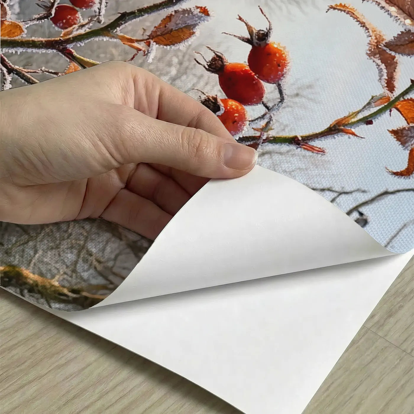 Peel-and-stick detail of Frosted Rose Hip Branch Wallpaper Mural by Whimsy Tots