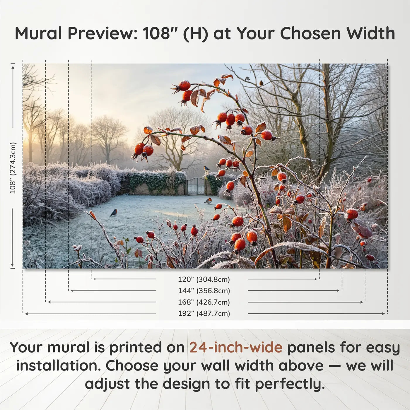 Panel layout and dimensions for Frosted Rose Hip Branch Wallpaper Mural by Whimsy Tots