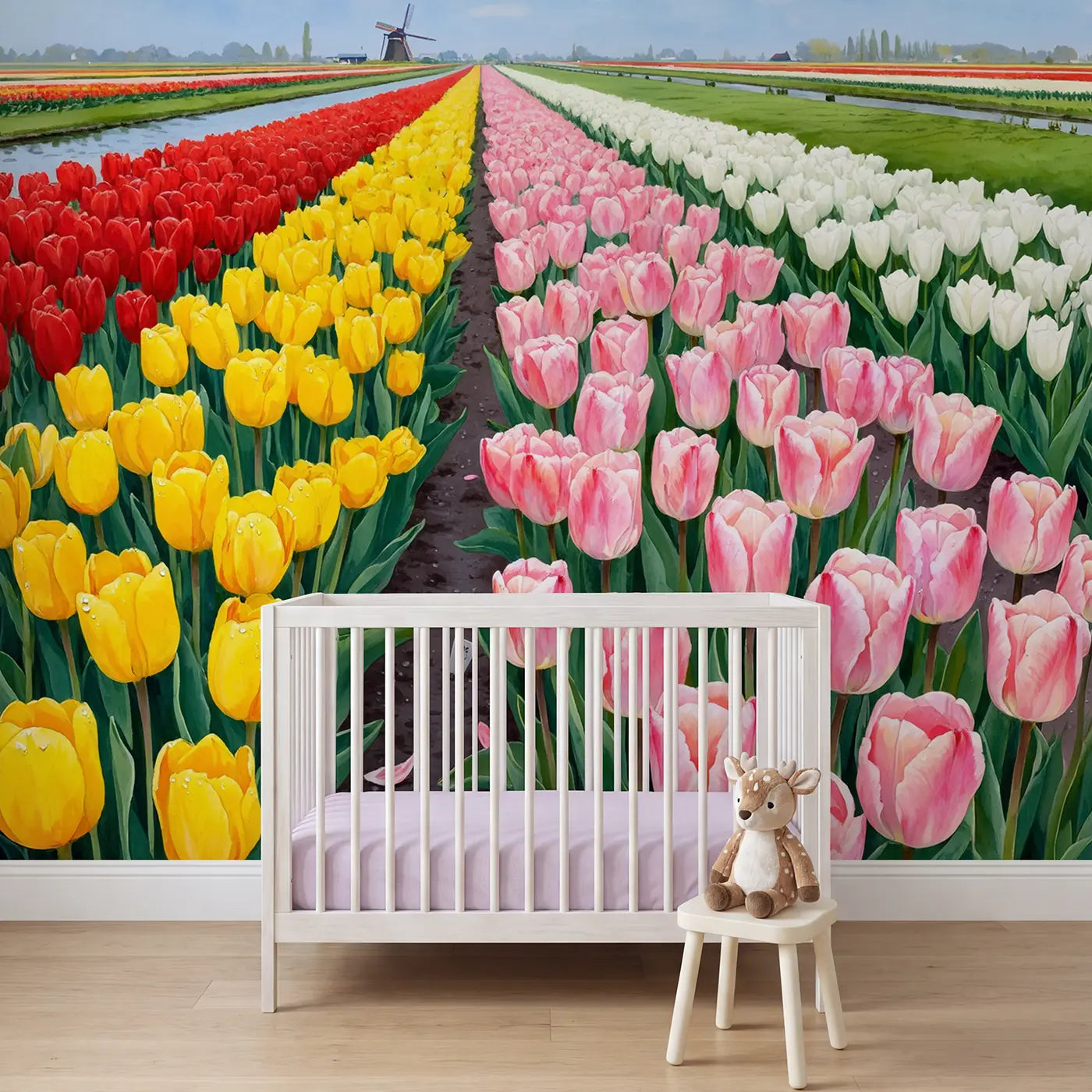watercolor tulip field Dutch windmill mural for kids room by Whimsy Tots