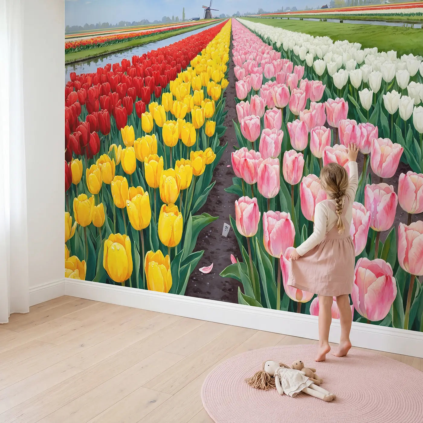 Child in nursery with Tulip Field Color Rows Dutch Wallpaper Mural by Whimsy Tots