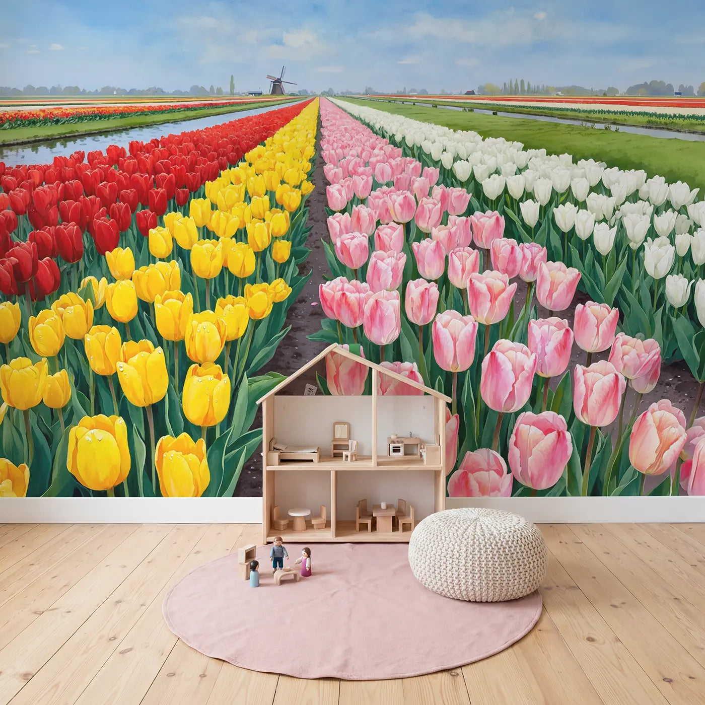 Tulip Field Color Rows Dutch Wallpaper Mural in playroom setting by Whimsy Tots