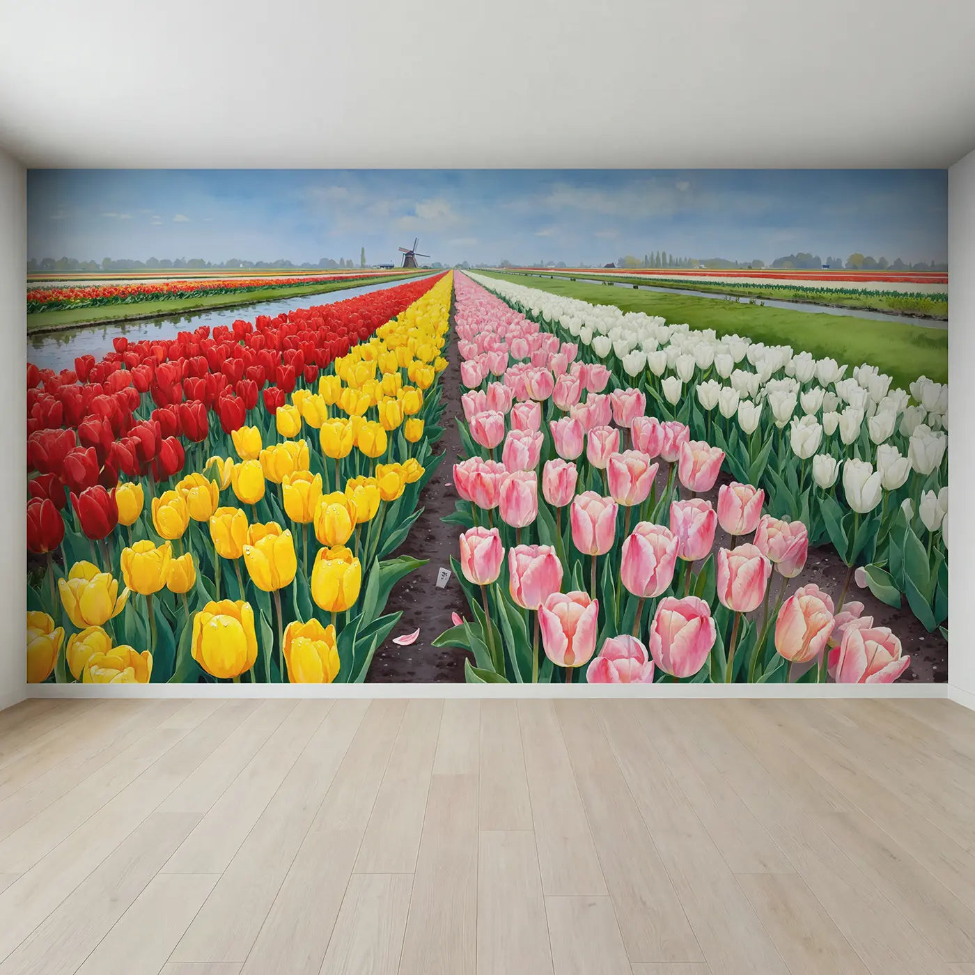Full view of Tulip Field Color Rows Dutch Wallpaper Mural by Whimsy Tots