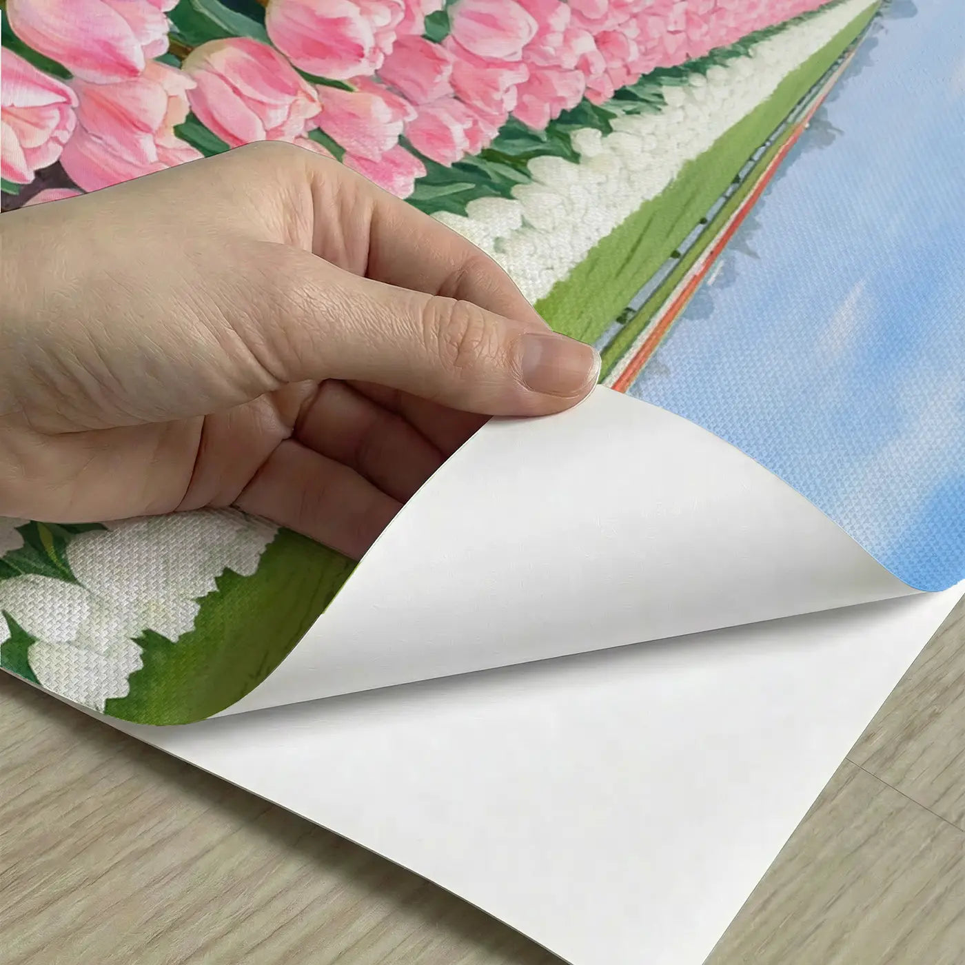 Peel-and-stick detail of Tulip Field Color Rows Dutch Wallpaper Mural by Whimsy Tots