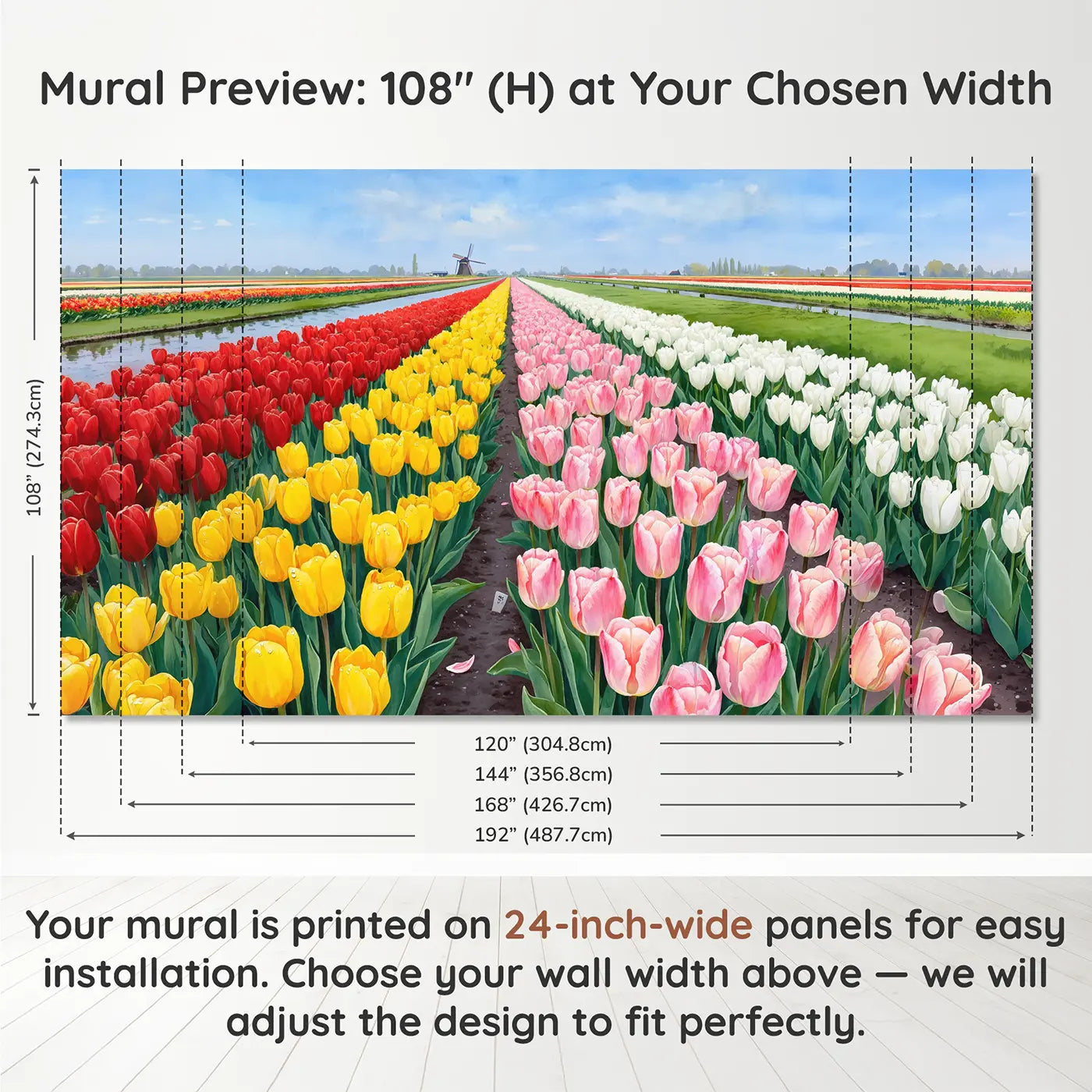 Panel layout and dimensions for Tulip Field Color Rows Dutch Wallpaper Mural by Whimsy Tots