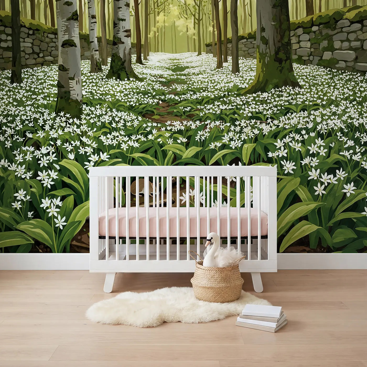 Gouache illustration wildflower and field wallpaper mural for girls room by Whimsy Tots