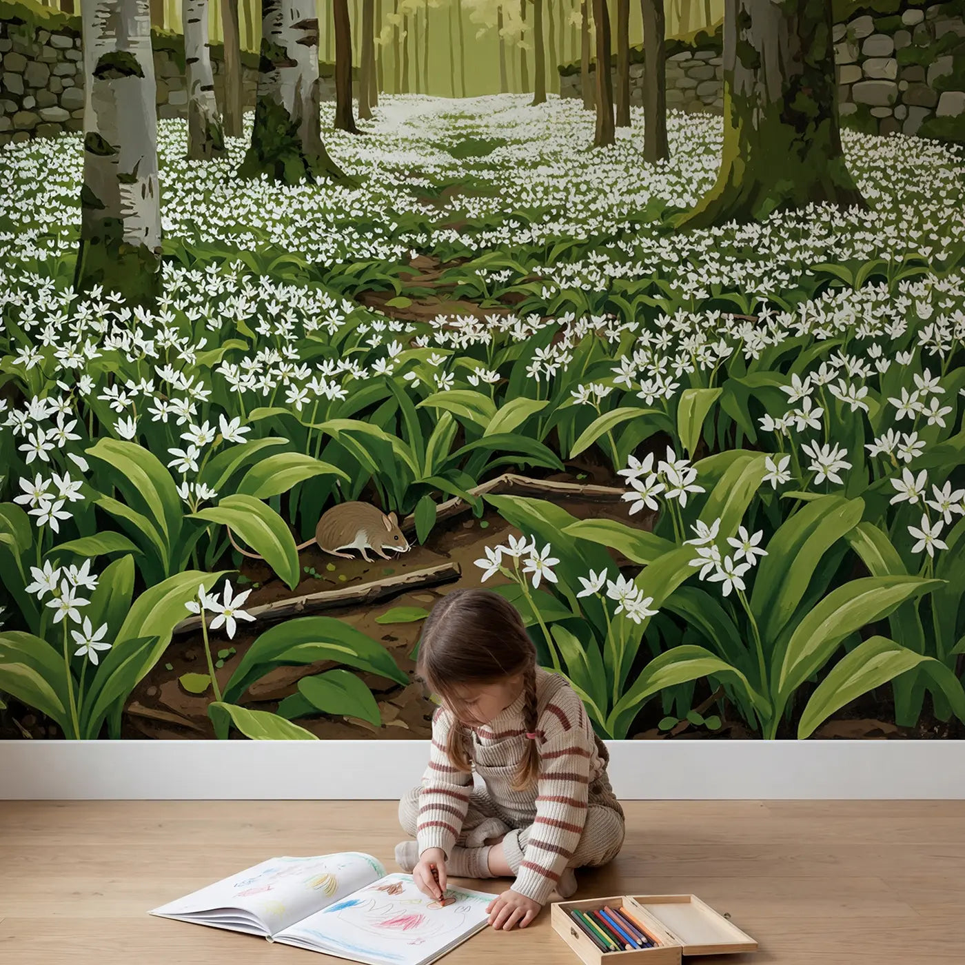 Child in nursery with Wild Garlic Woodland Floor Wallpaper Mural by Whimsy Tots