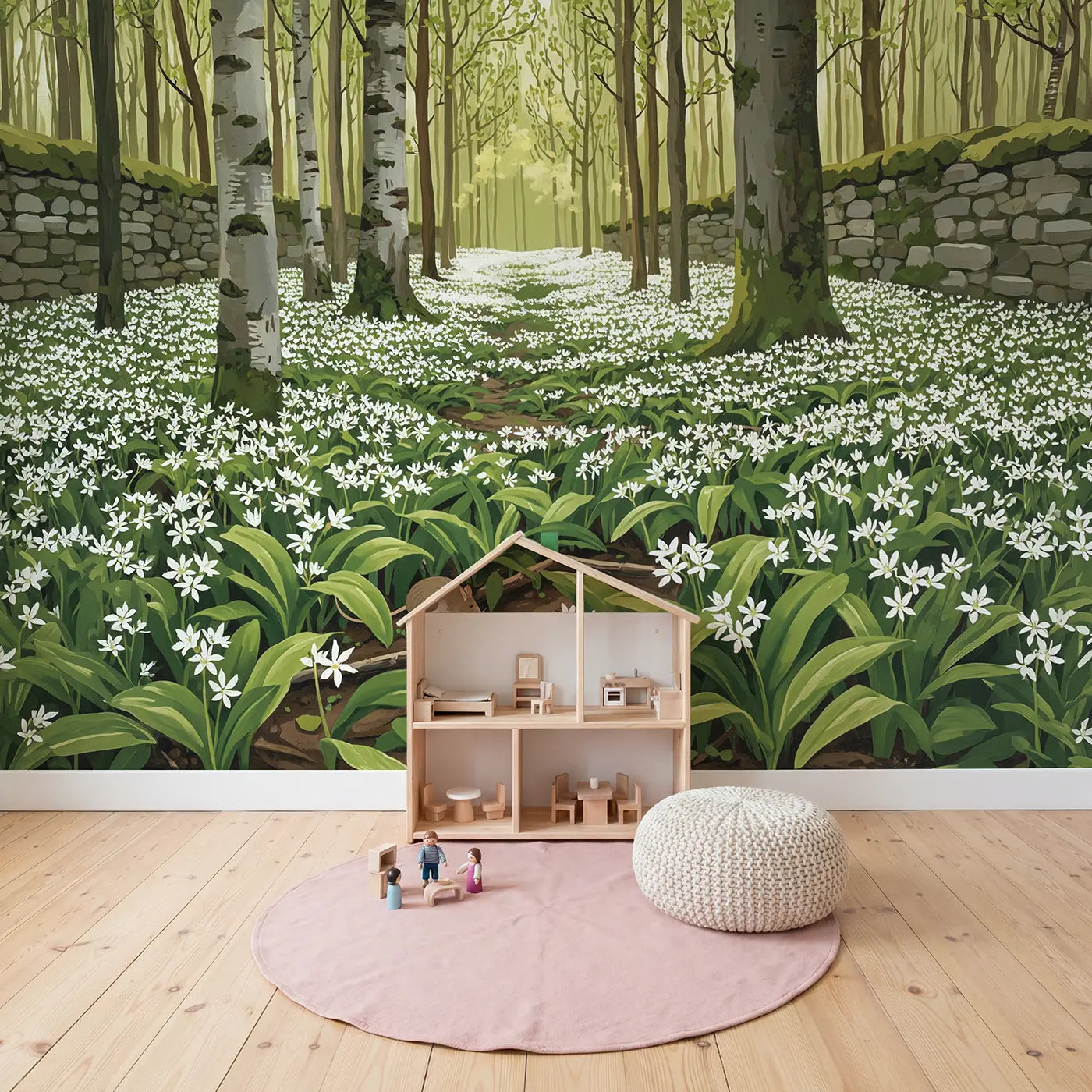 Wild Garlic Woodland Floor Wallpaper Mural in playroom setting by Whimsy Tots