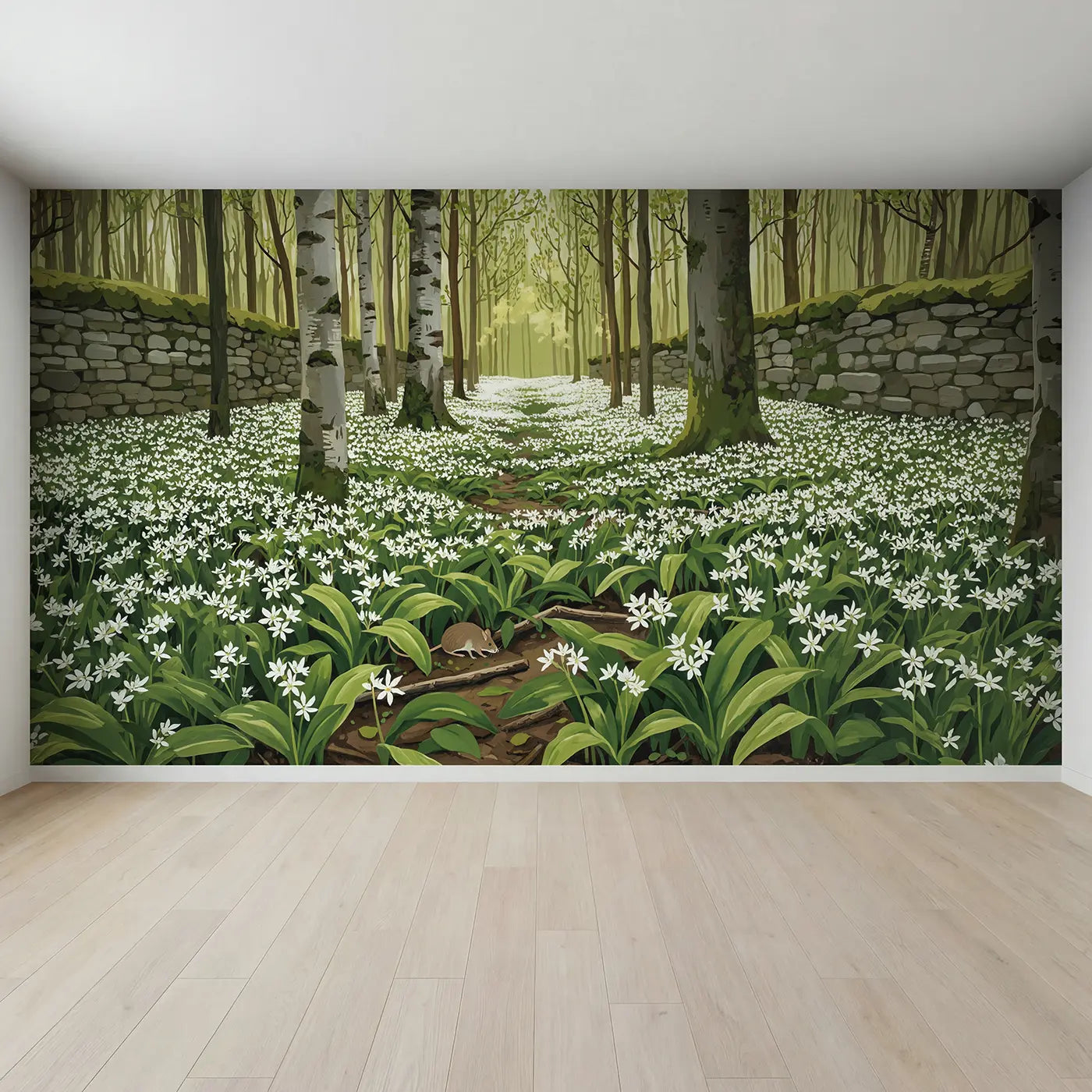 Full view of Wild Garlic Woodland Floor Wallpaper Mural by Whimsy Tots