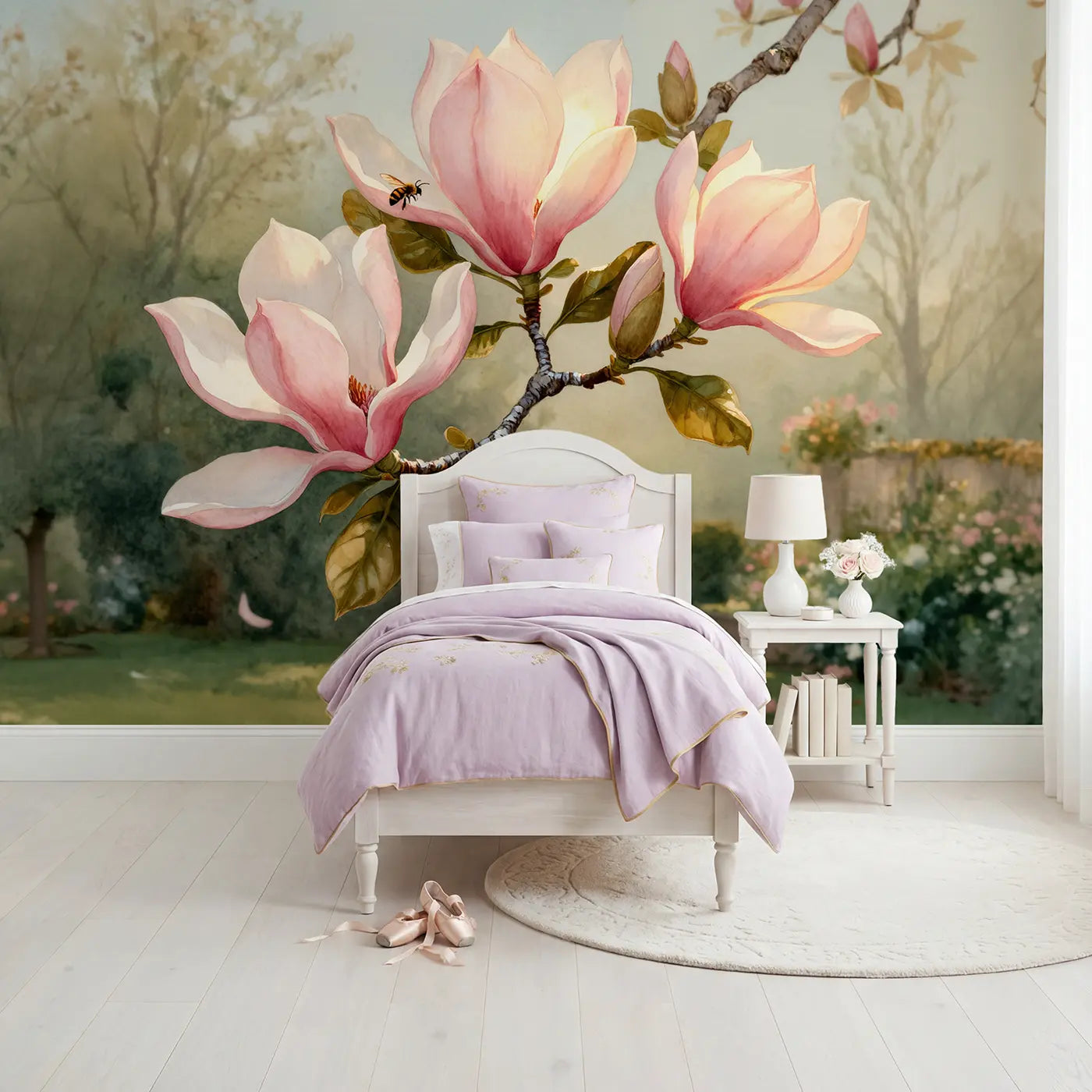 watercolor magnolia branch spring bloom mural for girls room by Whimsy Tots