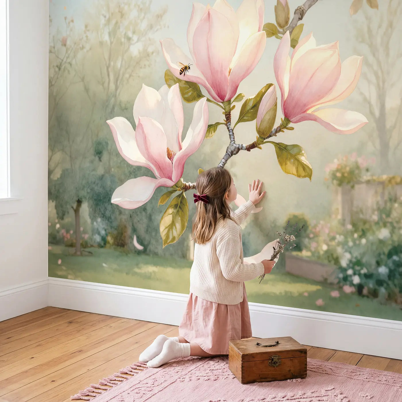 Child in nursery with Magnolia Branch Spring Bloom Wallpaper Mural by Whimsy Tots