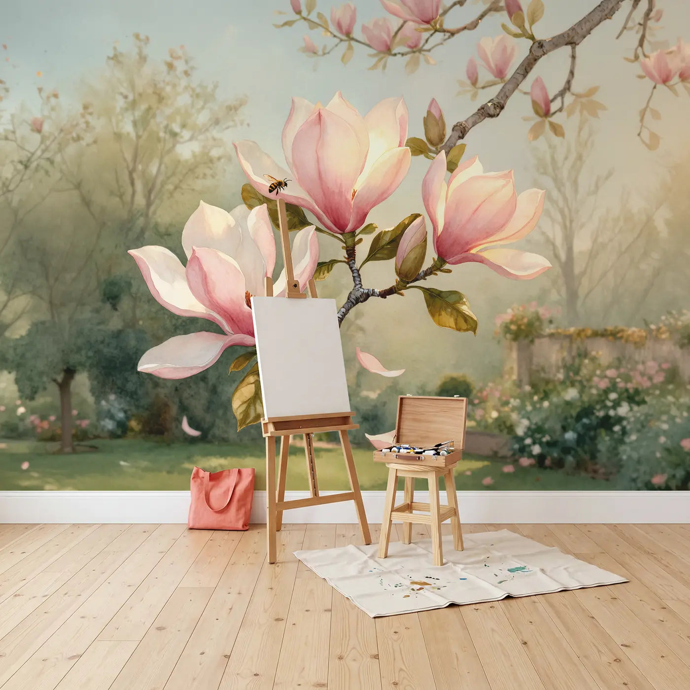 Magnolia Branch Spring Bloom Wallpaper Mural in playroom setting by Whimsy Tots
