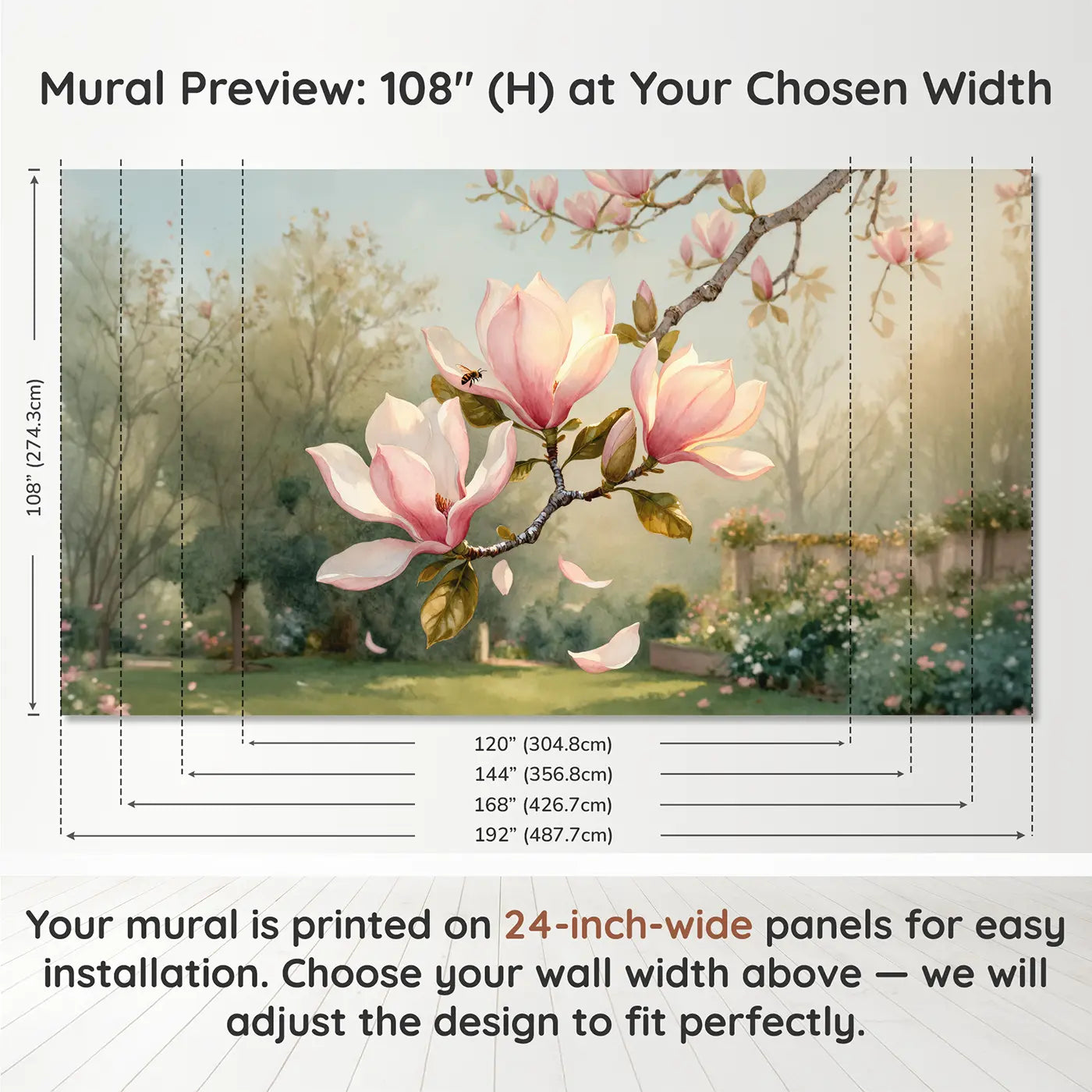 Panel layout and dimensions for Magnolia Branch Spring Bloom Wallpaper Mural by Whimsy Tots