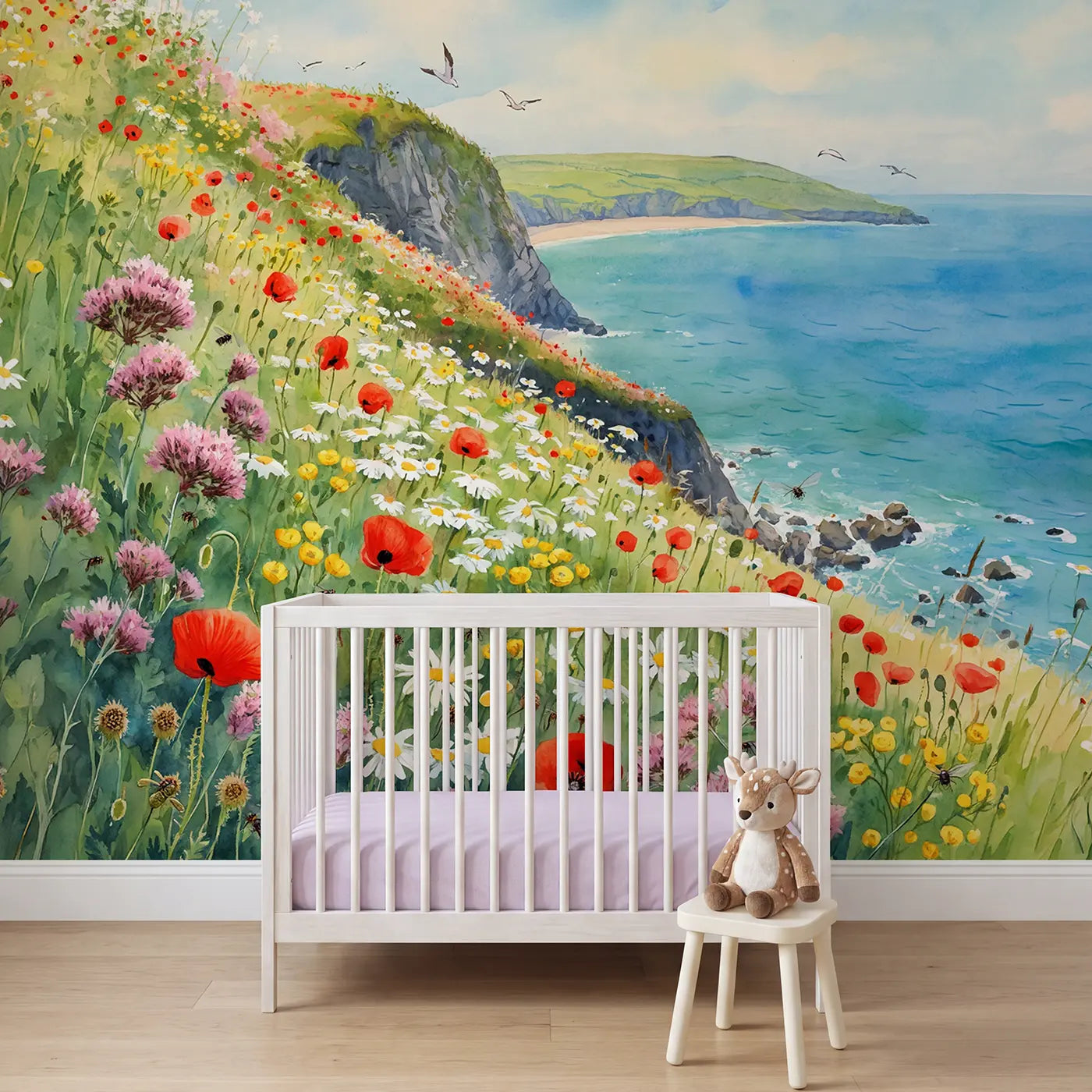 Watercolor coastal wildflower hillside wallpaper mural for nursery by Whimsy Tots