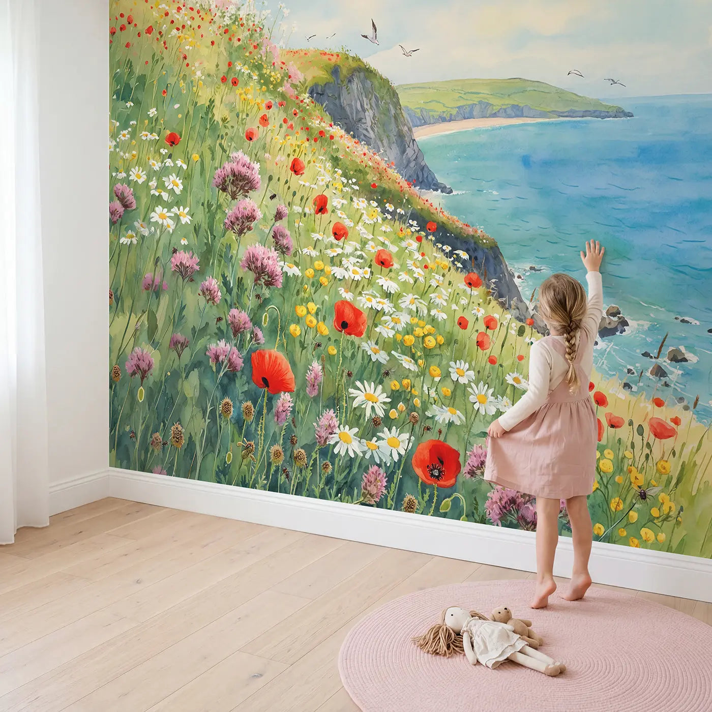 Child in nursery with Coastal Wildflower Hillside Wallpaper Mural by Whimsy Tots