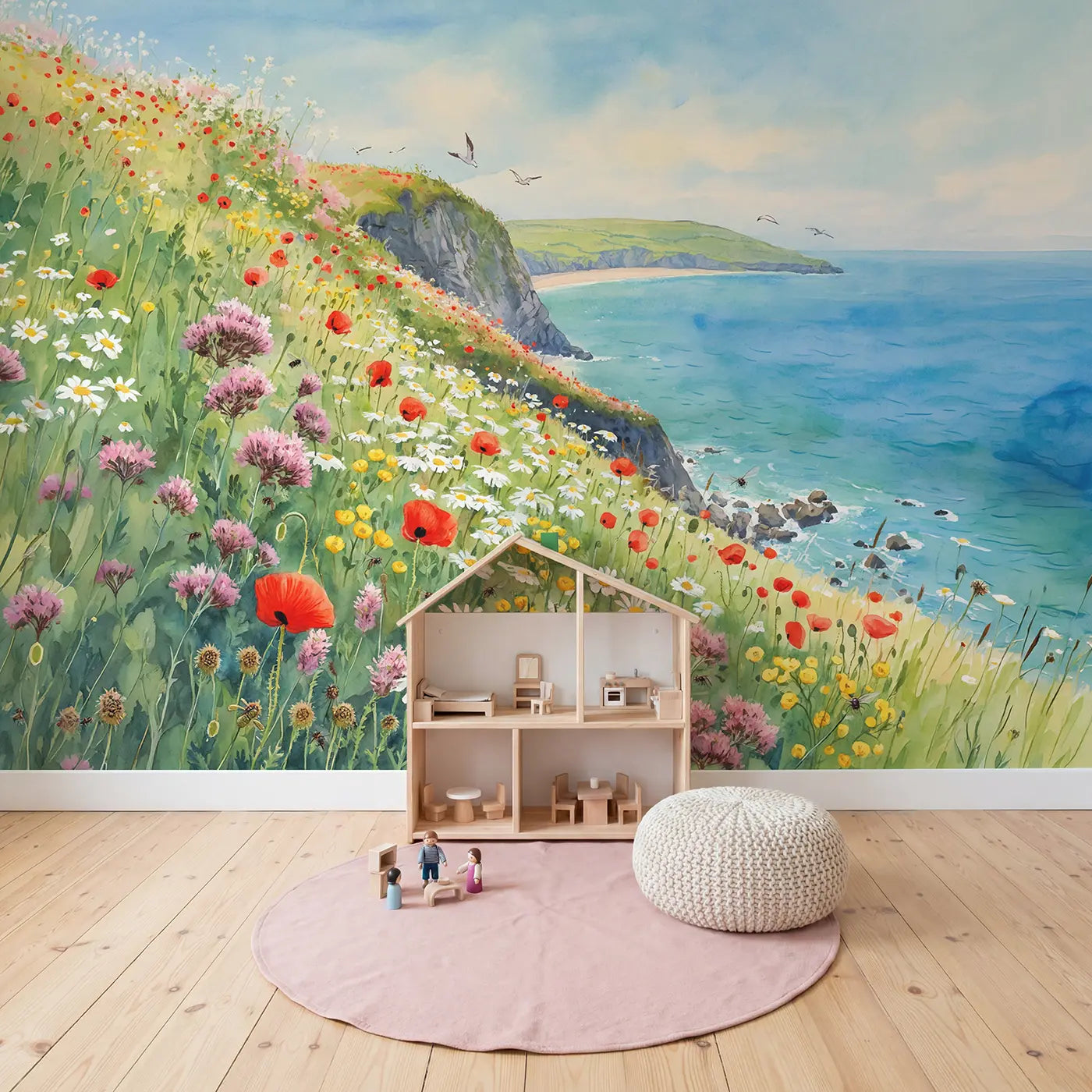 Coastal Wildflower Hillside Wallpaper Mural in playroom setting by Whimsy Tots
