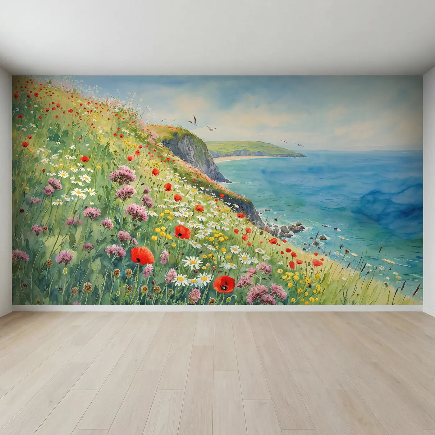 Full view of Coastal Wildflower Hillside Wallpaper Mural by Whimsy Tots