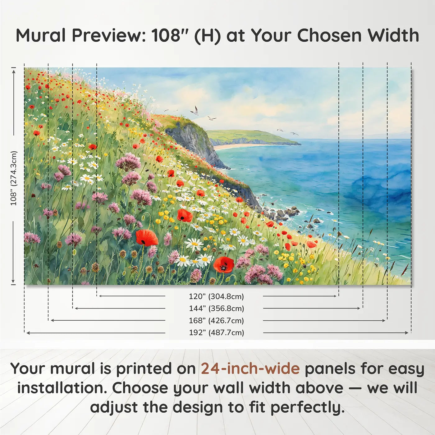 Panel layout and dimensions for Coastal Wildflower Hillside Wallpaper Mural by Whimsy Tots