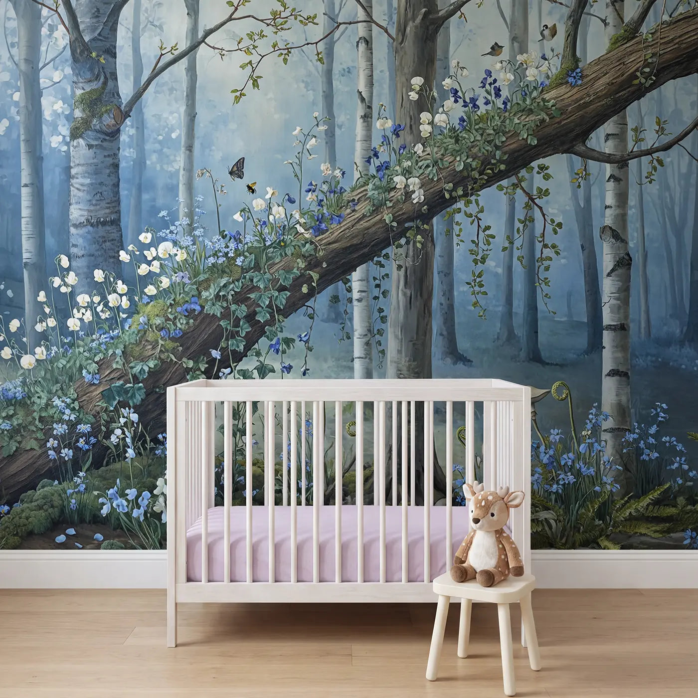 Botanical Elegance wildflower fallen tree wallpaper mural for girls room by Whimsy Tots