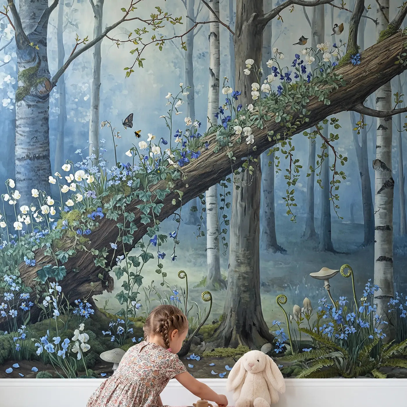 Child in nursery with Wildflower Fallen Tree Wallpaper Mural by Whimsy Tots
