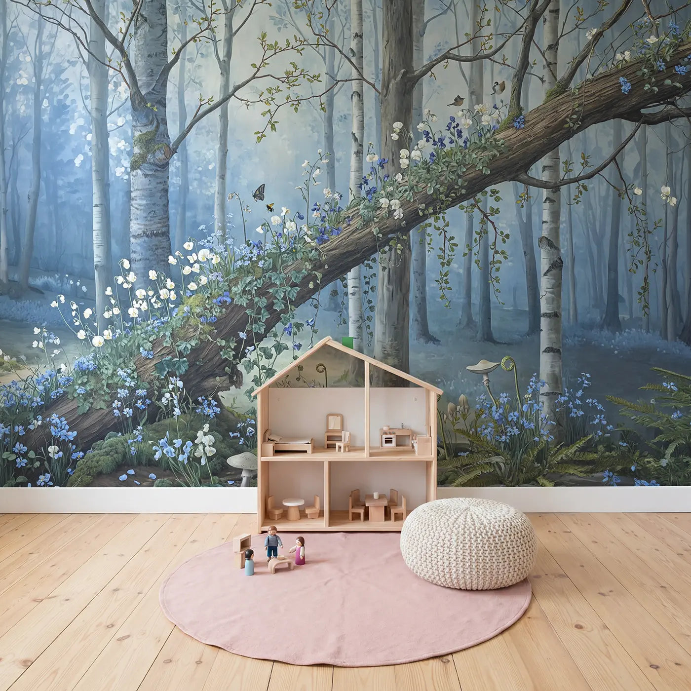 Wildflower Fallen Tree Wallpaper Mural in playroom setting by Whimsy Tots