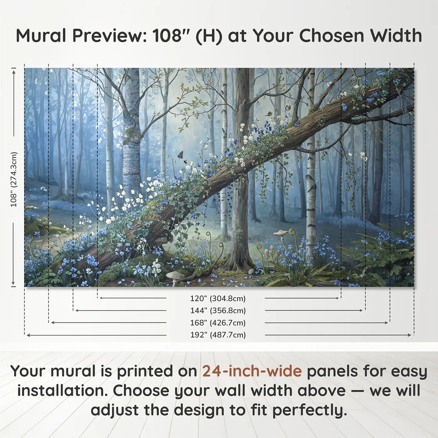 Panel layout and dimensions for Wildflower Fallen Tree Wallpaper Mural by Whimsy Tots