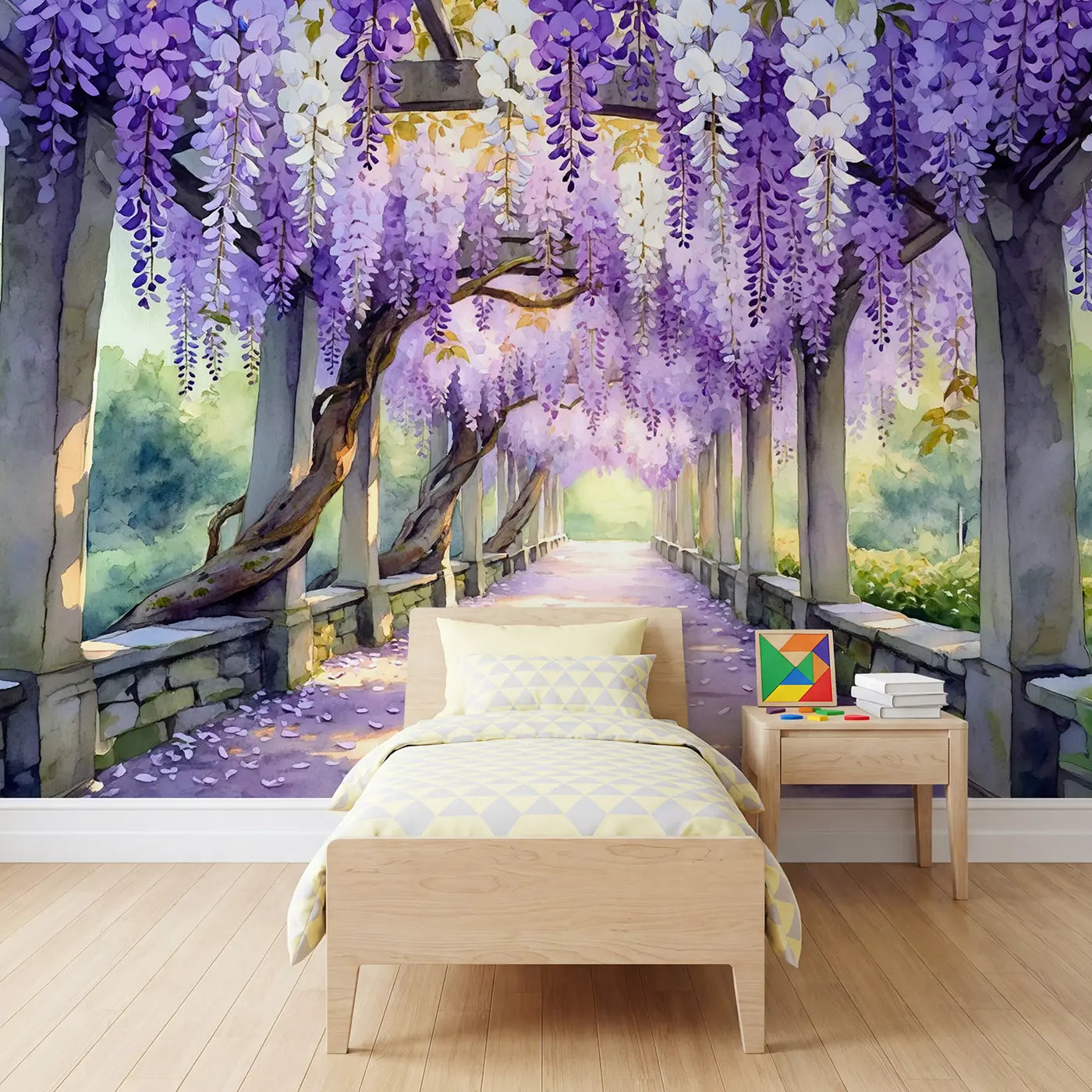 Watercolor wisteria tunnel garden path wallpaper mural for kids room by Whimsy Tots