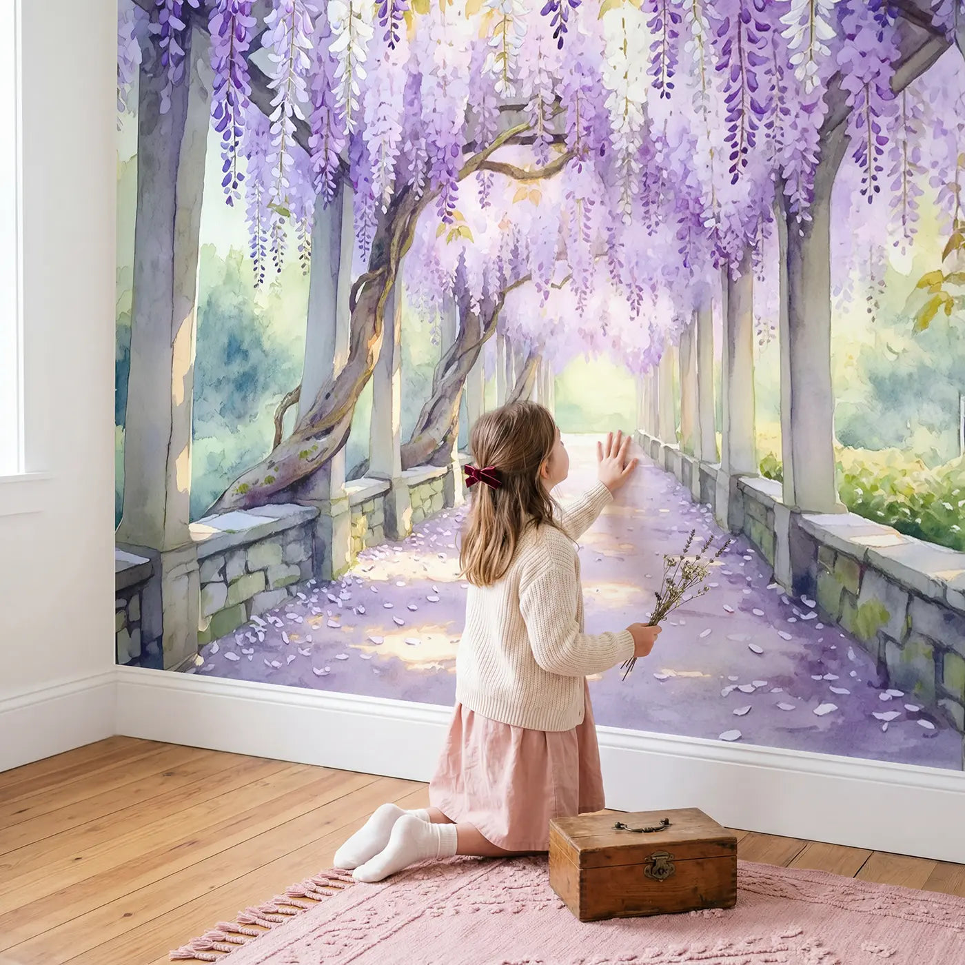Child in nursery with Wisteria Tunnel Garden Wallpaper Mural by Whimsy Tots