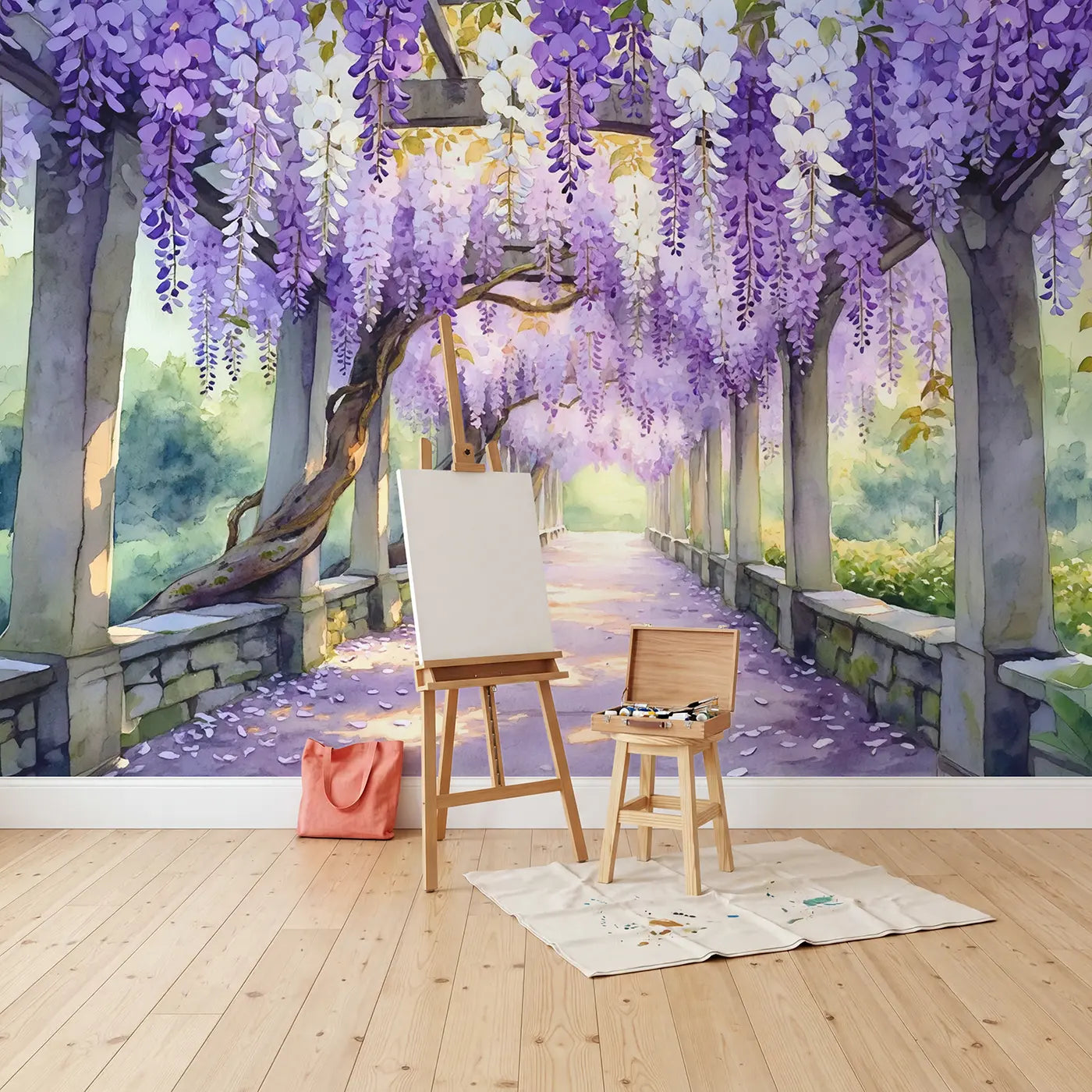 Wisteria Tunnel Garden Wallpaper Mural in playroom setting by Whimsy Tots