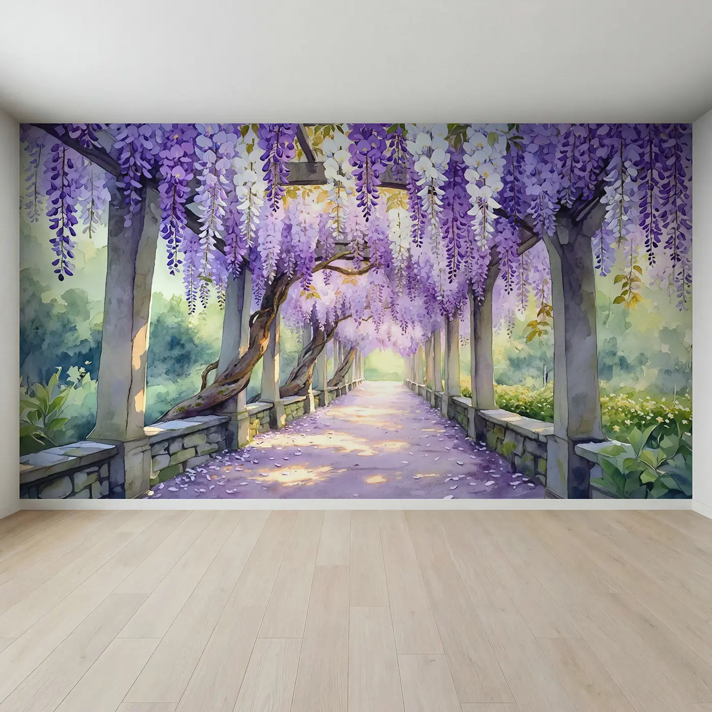 Full view of Wisteria Tunnel Garden Wallpaper Mural by Whimsy Tots