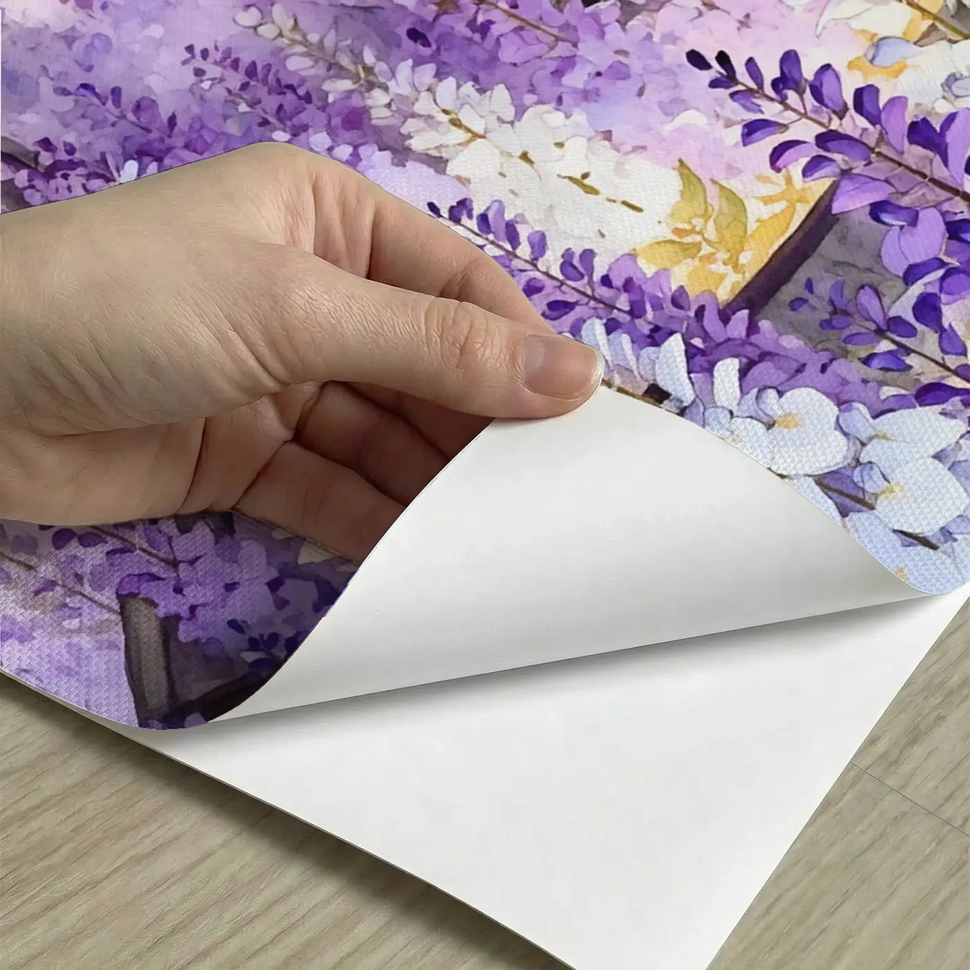 Peel-and-stick detail of Wisteria Tunnel Garden Wallpaper Mural by Whimsy Tots