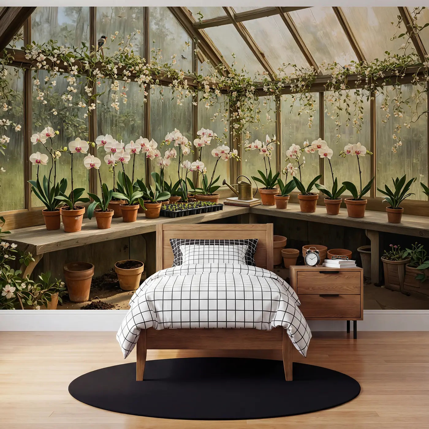 Botanical Elegance greenhouse seedling garden wallpaper mural for kids room by Whimsy Tots