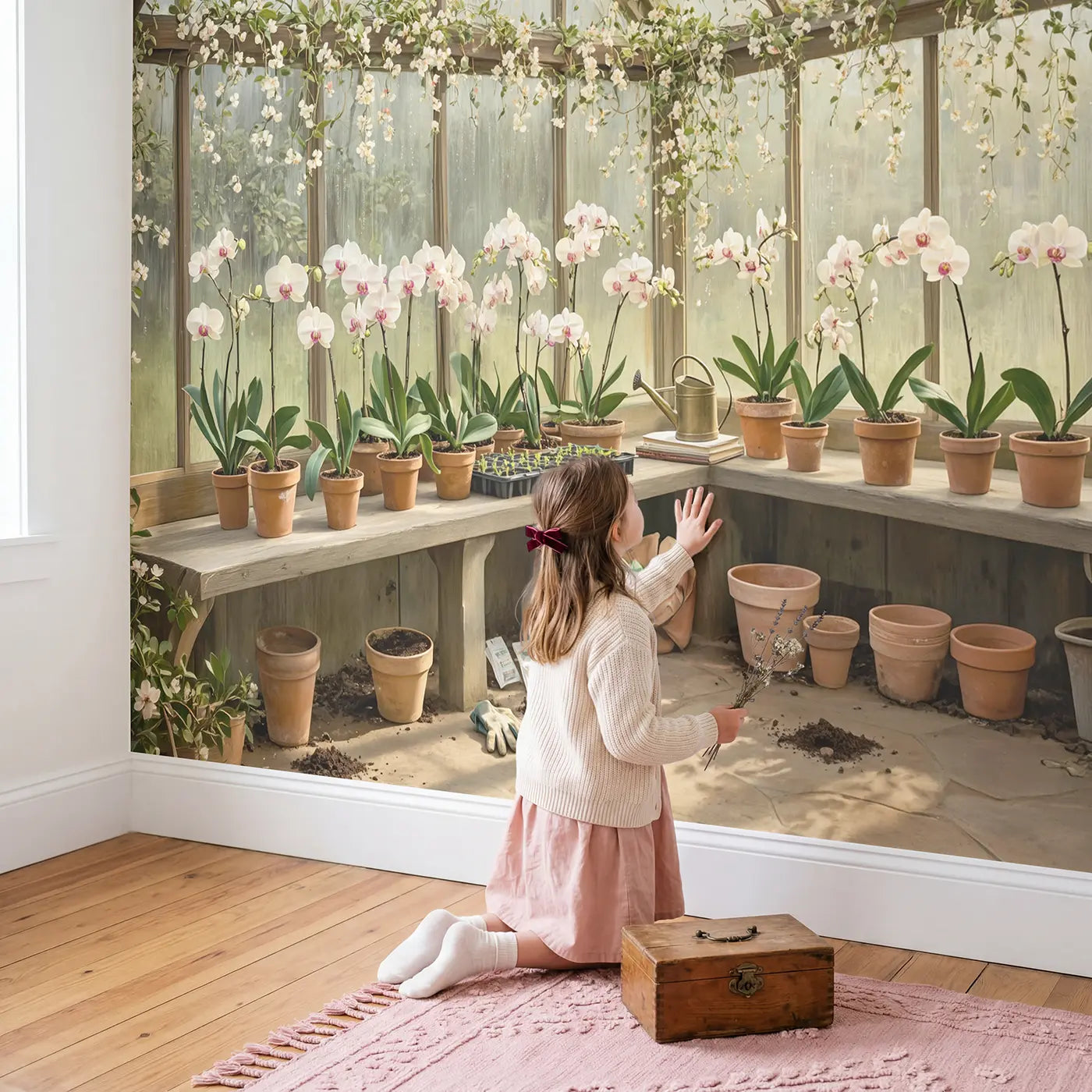 Child in nursery with Greenhouse Seedling Garden Wallpaper Mural by Whimsy Tots
