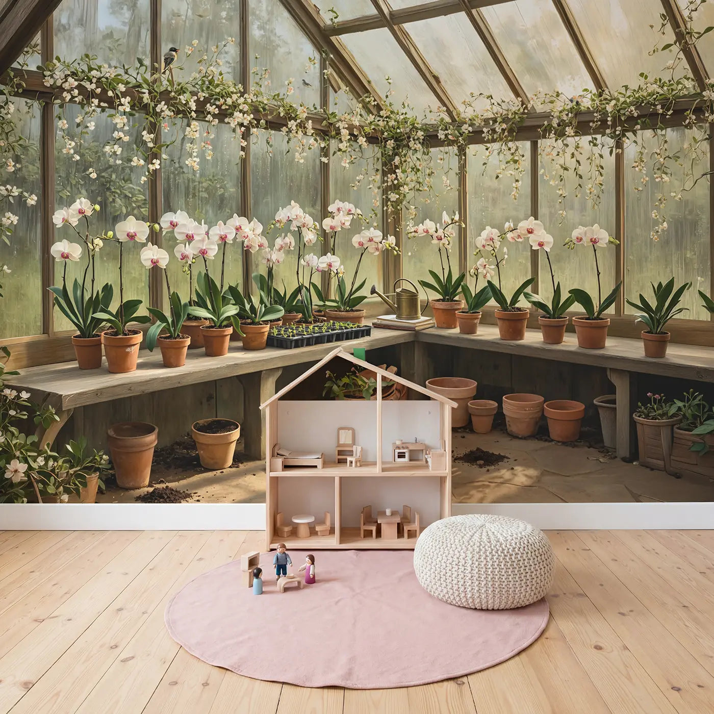 Greenhouse Seedling Garden Wallpaper Mural in playroom setting by Whimsy Tots