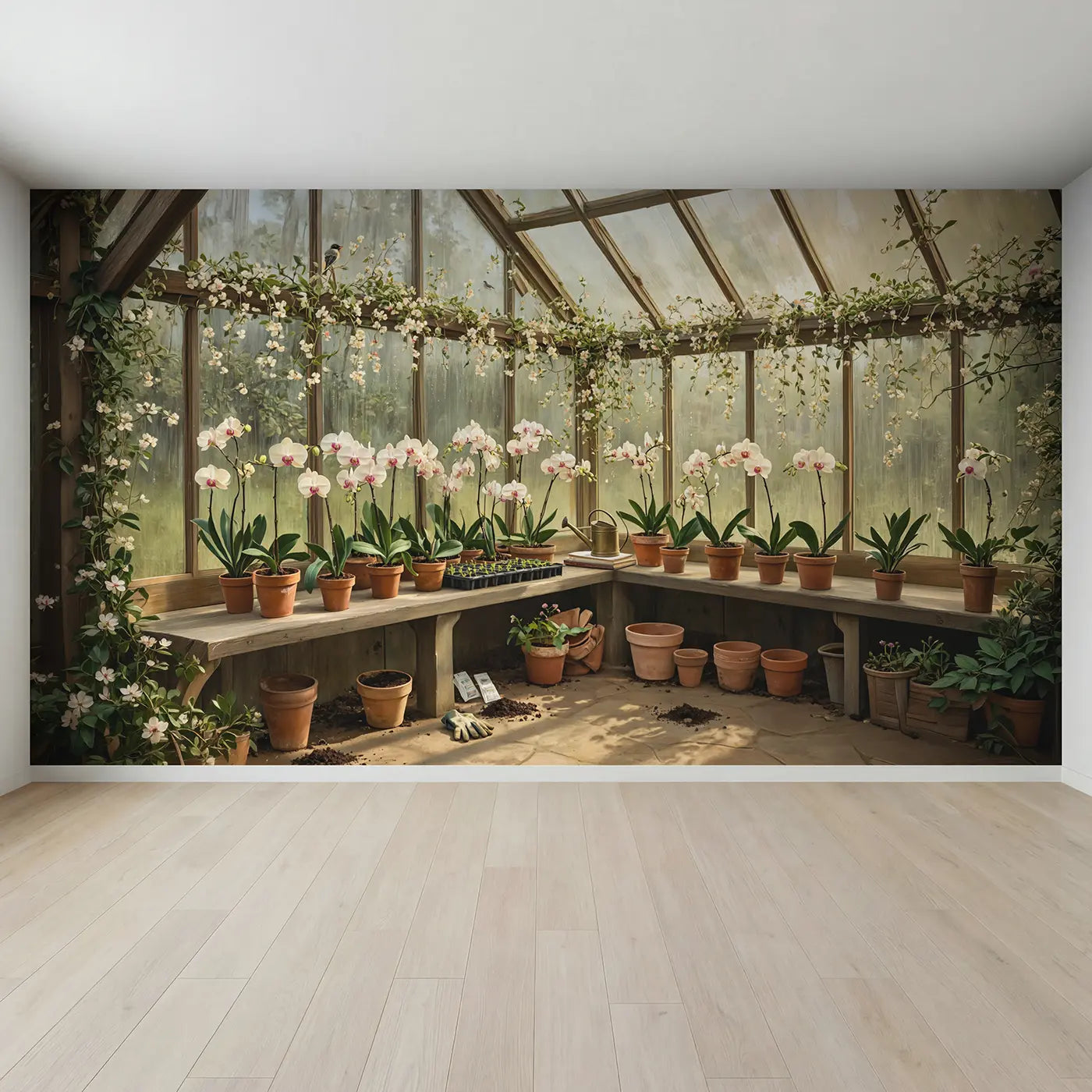 Full view of Greenhouse Seedling Garden Wallpaper Mural by Whimsy Tots