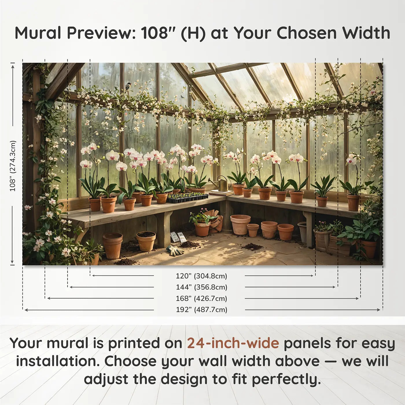 Panel layout and dimensions for Greenhouse Seedling Garden Wallpaper Mural by Whimsy Tots