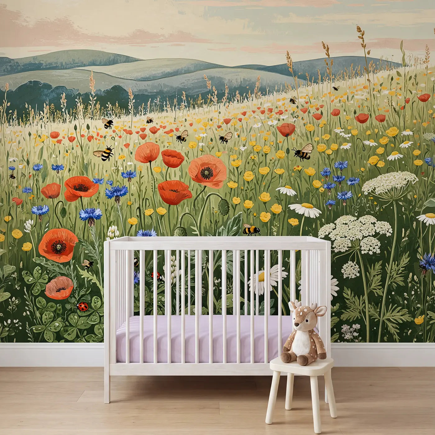 Block print wildflower and poppy meadow wallpaper mural for girls room by Whimsy Tots