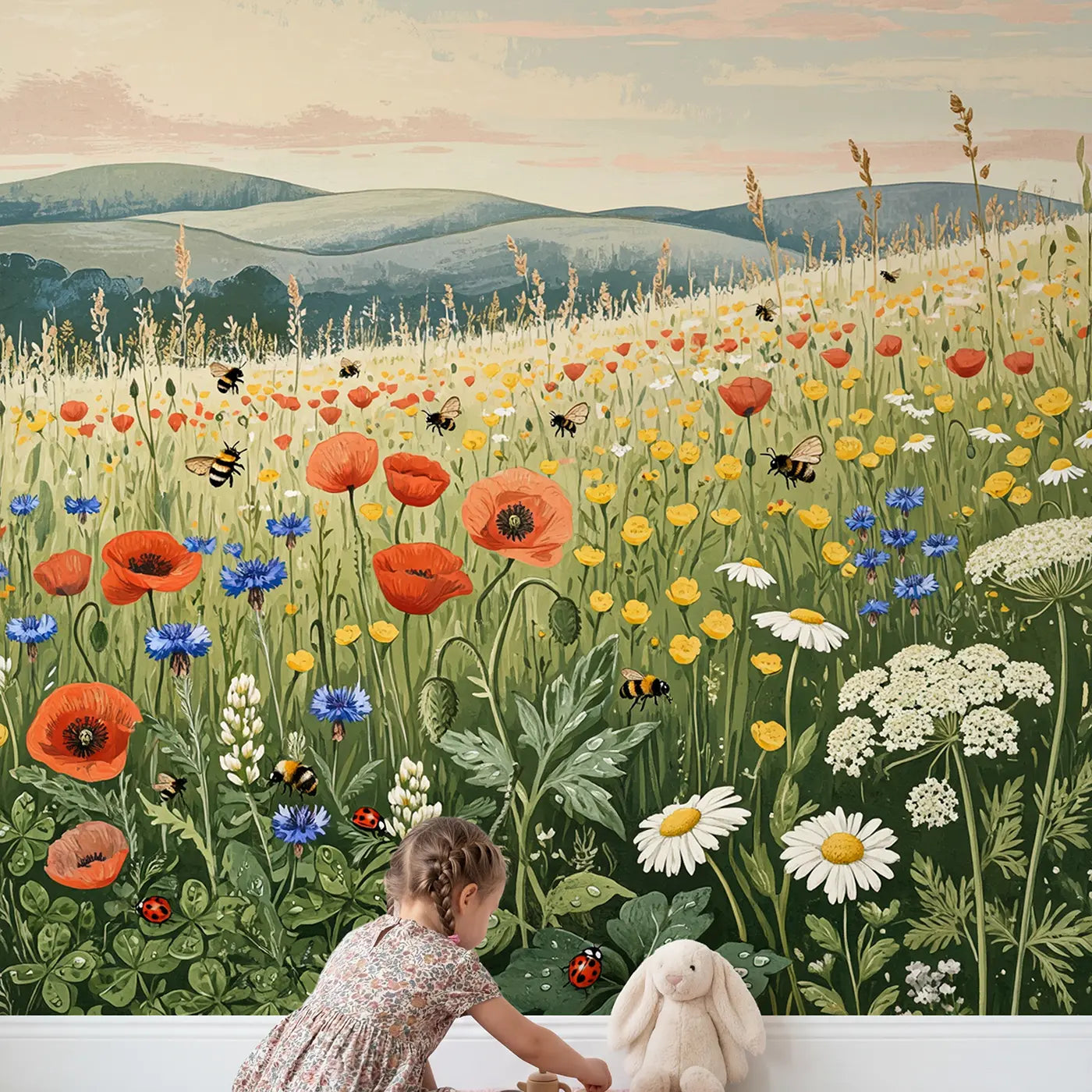 Child in nursery with Wildflower Meadow Horizon Wallpaper Mural by Whimsy Tots