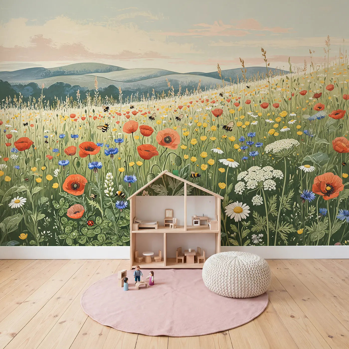 Wildflower Meadow Horizon Wallpaper Mural in playroom setting by Whimsy Tots