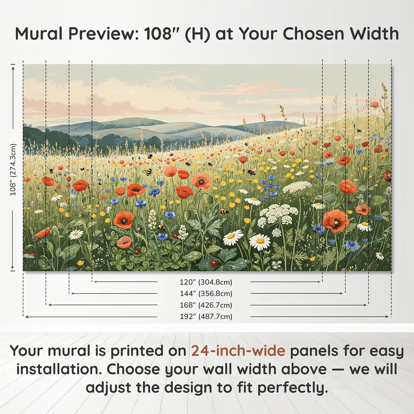 Panel layout and dimensions for Wildflower Meadow Horizon Wallpaper Mural by Whimsy Tots