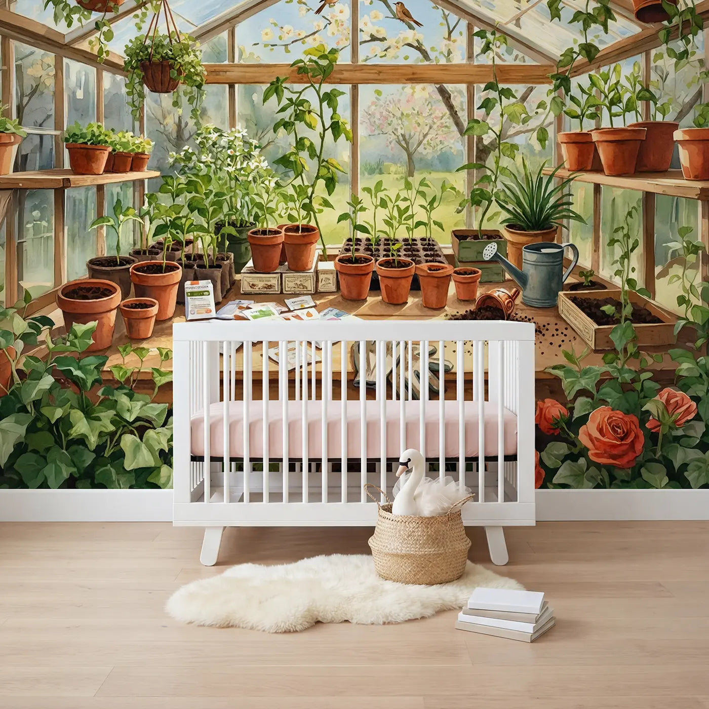 Watercolor greenhouse potting bench spring greenhouse wallpaper mural for nursery by Whimsy Tots
