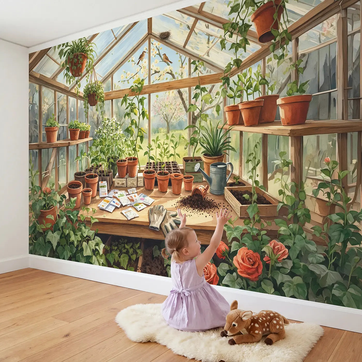 Child in nursery with Greenhouse Potting Bench Spring Wallpaper Mural by Whimsy Tots