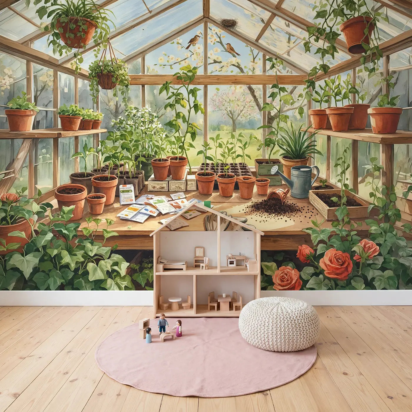 Greenhouse Potting Bench Spring Wallpaper Mural in playroom setting by Whimsy Tots