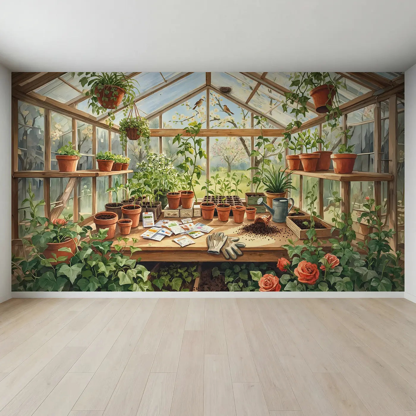 Full view of Greenhouse Potting Bench Spring Wallpaper Mural by Whimsy Tots